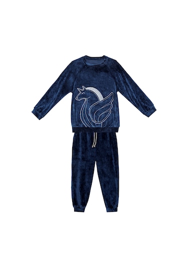 Denokids Kadife Unicorn Kız Çocuk Eşofman Takımı - Lacivert