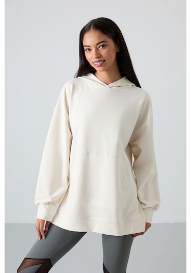 Tommy Life Ekru Balon Kol Yazı Nakışlı Kadın Oversize Tunik Sweatshirt - 97163 Ekru
