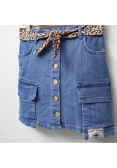 Kargo Cepli Kız Çocuk Önden Düğmeli Kot Etek Kot Rengi