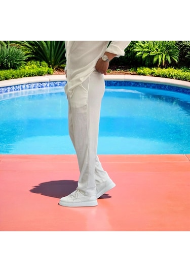 Erkek Bürümcük Krinkıl Kumaş Yazlık Likralı Apaj Yakalı Gömlek Ve Eşofman Takım Kombini Beyaz