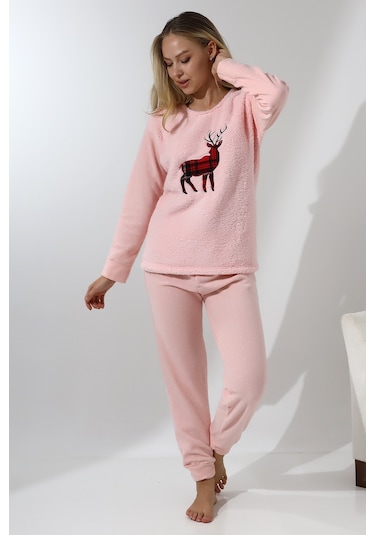 Fawn 5016 Peluş Welsoft Polar Kışlık Yumoş Geyikli Kadın Pijama Takımı - Pembe