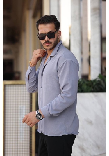 Tex Republic Erkek Gri Rahat Kesim Dokulu Oversize Salaş Aerobin Gömlek Gri