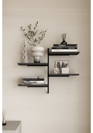 Aju 4 Katlı Duvar Rafı Metal Çerçeveli Dekoratif Kitaplık Ve Raf Ünitesi Modern Ve Minimalist Tasarım Siyah