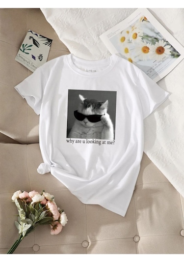Altamira Unisex Kedi Gözlük Baskılı Oversize T-shirt 001