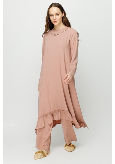 Eteği Büzgü Detaylı Tunik Pantolon Takım Pudra-pudra Pudra