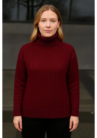 Kadın Balıkcı Yaka Bağazlı Triko Kazak Pamuklu Kalın Fitilli Dokuma - Bordo Bordo