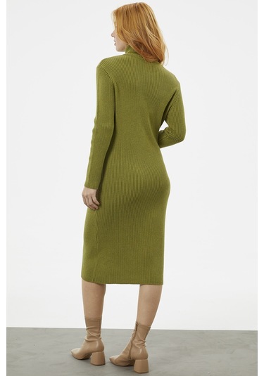 Tam Balıkçı Fitilli Midi Boy Triko Elbise - Yeşil 001