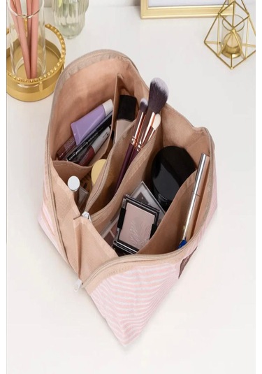 Çok Amaçlı Tutma Kollu Makyaj Çantası Geniş Bölmeli Seyahat Tipi Kozmetik Organizeri X Pembe
