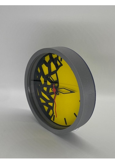 Modern Sanat Dokunuşuyla Parçalanan Zaman Duvar Saati Sarı Zemin Ve Açık Gri Kasa Siyah