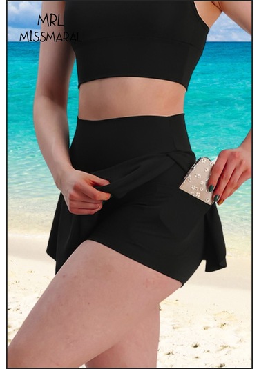 Mini Şort Etek Görünümü Etek Içi Şortlu Cepli Spor Tasarım Tenis Deniz Havuz Fitness Siyah1107 Siyah