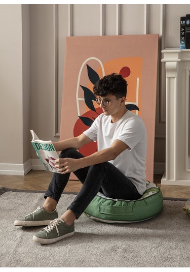 Yeşil Bitki Ve Palmiye Desenli Puf Yer Minderi, 60x60 Cm, Balkon