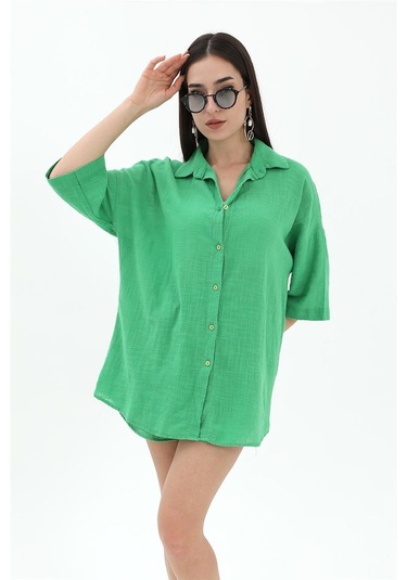 Pamuk Keten Şort Gömlek Kadın İkili Takım - Yeşil-yeşil Yeşil