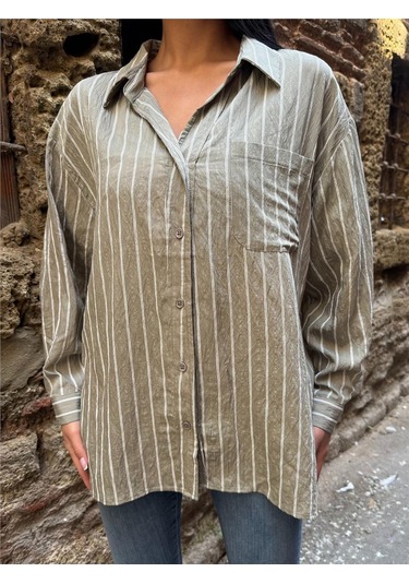 Haki Çizgili Oversize Keten Gömlek Haki