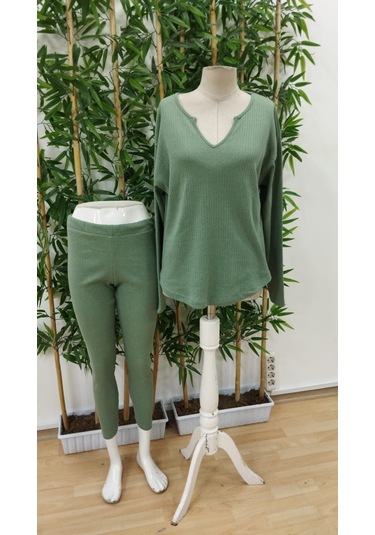 Kadın Uzun Kollu V Yakalı Bluz Alt Tayt Şardonlu Kaşkorse Ikili Takım