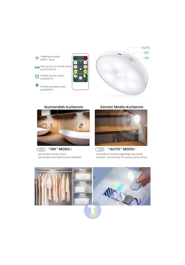 Technojet 3adet Akıllı Hareket Sensörlü Kumandalı Usb Şarj Kablosuz Spot Led Beyaz Işık Gece Lambası