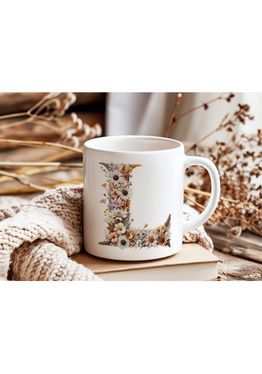 L Harfi Çiçek Desenli Kupa Bardak - Alfabe Harfleri İle Doğal Çiçekli Kupa - Hediye Fikir Beyaz