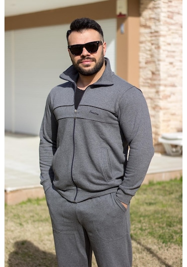 Gri Nakış Detaylı Rahat Kalıp Fermuarlı Erkek Eşofman Takım Gri