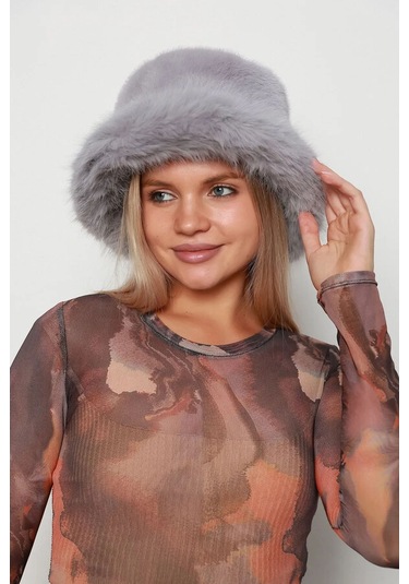 Kadın Peluş Bucket Kalpak Şapka 1143 Rkş-14 Gri Gri