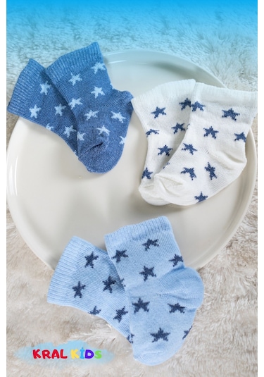 6 Çift Erkek Bebek Çorap Kutulu Patik Boy Yıldız Desenli, Pamuklu Beyaz