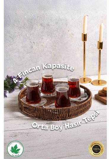 Yuvarlak Hasır Tepsi, Kulplu Sunum Tepsisi, Servis Tepsisi, Kahve Tepsisi, Keyif Tepsisi, Modern Hasır Tepsi - 30 Cm Kahverengi