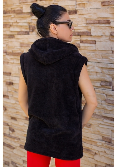 Kadın Siyah Peluş Kalın Fermuarlı Kapüşonlu Yelek 23kylkmy01 001