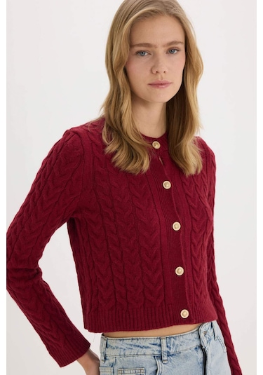 DeFacto Regular Fit Bisiklet Yaka Selanik Örgü Desenli Basic Düz Triko Hırka C9044AX25SPBR285 Bordo