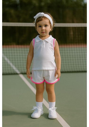 Kız Çocuk Polo Yaka Şerit Detaylı Şortlu Takım - Pembe 3-4 Yaş 8-9 Yaş Pembe