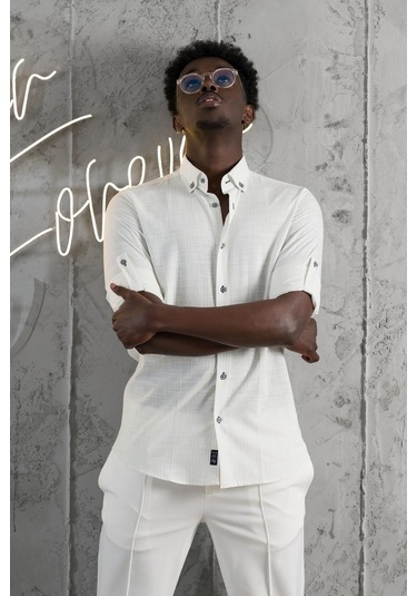 Advante İnce Çizgili Yaka Düğmeli Katlamalı Kol Pamuklu Slimfit Yazlık Keten Gömlek Yeşil