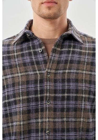 Koyu Antrasit Yünlü Ekose Desen Yumuşak Yaka Cepsiz Uzun Kol Casual Comfort Fit Gömlek 1004245227 Koyu Antrasit