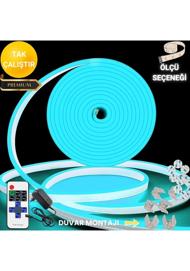 Neon Esnek Şerit Led Tak Çalıştır Kumandalı - Dimmer- Buzmavi 5 M Buz Mavisi