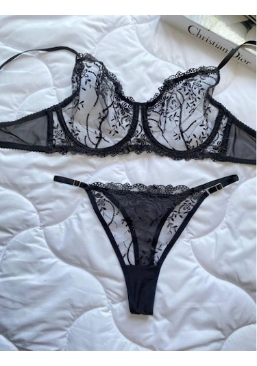 Arona Kadın C Cup Balenli Çiçek Desenli Siyah Sütyen Takımı - 136 Siyah