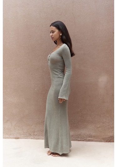 Ortensia Metal Detay Haki Uzun Triko Elbise Haki