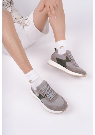 Muggo Svenson Kalın Taban Bağcıklı Hakiki Deri Erkek Günlük Sneaker Spor Ayakkabı Haki