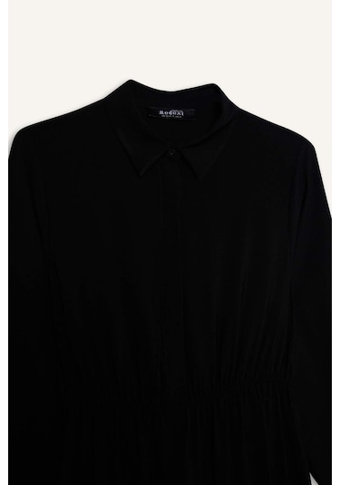 DeFacto 	Gömlek Yaka Basic Düz Düğmeli Beli Büzgülü Uzun Kollu Maxi Elbise D5851AX25SPBK81
