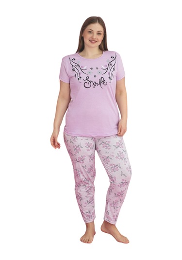 X-dreamy Büyük Beden Pamuklu Çiçekli Kısa Kollu Pijama Takımı Lila
