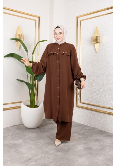 Ayrobin Kumaş İnci Detaylı Takım / T105 - Kahverengi Kahverengi