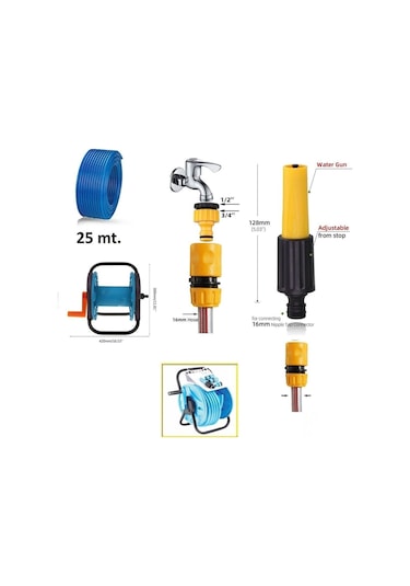 Makaralı Bahçe Hortumu Bahçe Sulama Hortum Makara Kaplin Tabanca Seti 25metre Hortum Ve Su Püskürtme