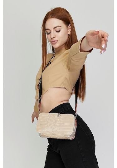 Morpelikan Bej Kroko İki Bölmeli Kadın Omuz Çantası Bej