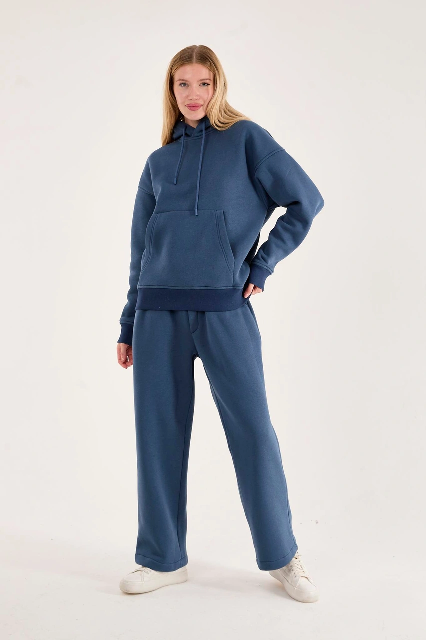 Q-4008 Kapüşonlu Üç İp Şardonlu Sweat İndigo