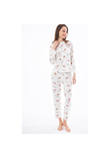 Premium Yazlık Kadın Pijama Takımı Ayıcık Desenli Yumuşak Dokulu Bisiklet Yaka Uzun Kollu Krem