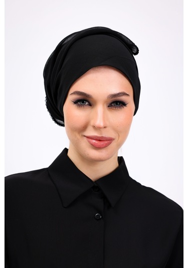 İç Başörtüsü %100 Pamuklu Siyah Tülbent - Kenarları Oyalı 90x90 Cm Kadın Tesettür Yazma Başörtü Siyah