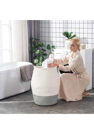 Themis Çamaşır Sepeti, Kirli Elbise Sepeti, Hasır Pamuk Halat Uzun Çamaşır Sepeti, Ev Dekoru Beyazgri