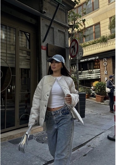 Cıt Cıt Detaylı Çepli Ceket Mont- Beyaz Beyaz