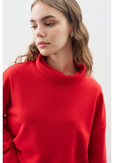 Yüksek Yakalı Oversıze Sweatshırt Kırmızı Kırmızı