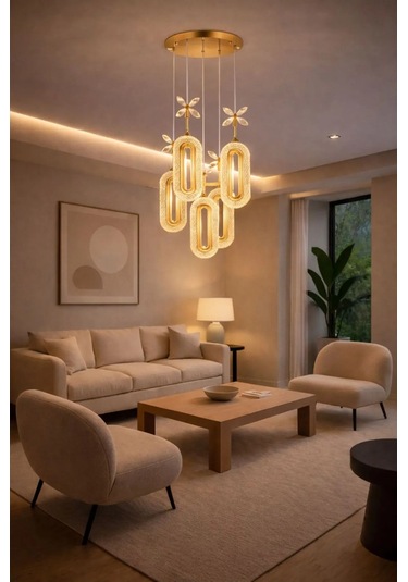 Bohem Aydınlatma 5'li Gold Sarkıt Elips 3 Renk Led Modern Avize Gold