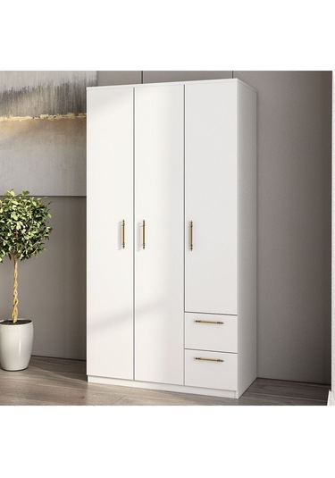 Merlin 3 Kapaklı, Çekmeceli, Raflı Gardırop, Yatak Odası Dolap, Elbise Dolabı İstanbul Ceviz - 172 Cm / Beyaz