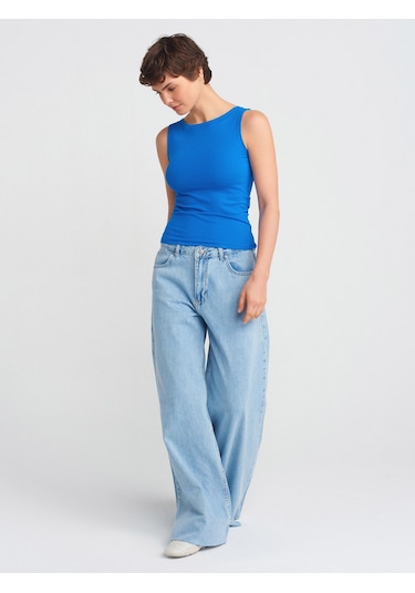 Dilvin 20868 Kayık Yaka Kolsuz Top-saks Saks