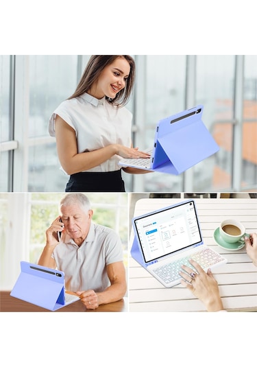 Jeemson Samsung Galaxy Uyumlu Tab S7/s8/s9/s9 Fe 11" İçin 7 Renkli Işıklı Bluetooth Klavye + Korumalı Kılıf, Kalem Dolabı Ve Multi-açı Ayarı, Hafif Mor