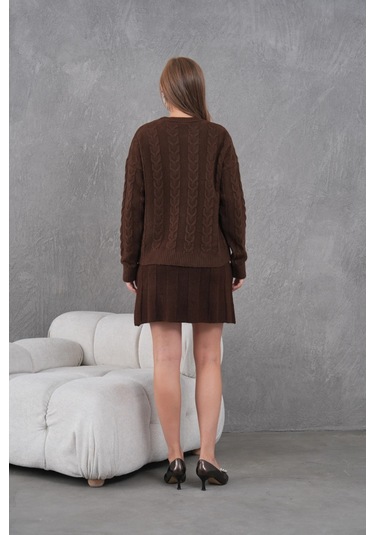 Kadın Bisiklet Yaka Saç Örgü Kazak Etek İkili Triko Takım Kahve