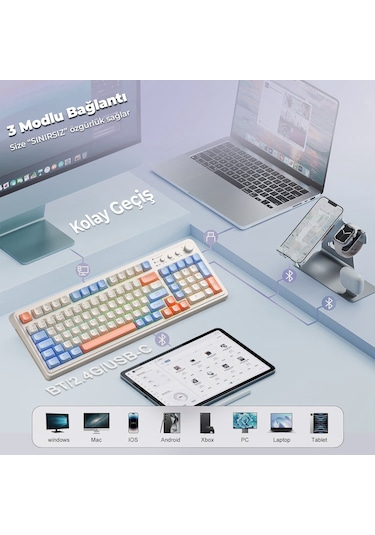 Aula S99 Retro Rgb Gaming 3 Modlu Bluetooth/2.4ghz/usb-c Kablosuz Makrolu Türkçe Q Klavye Turuncu